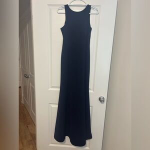 Classic Navy Backless Gown with Ruffle Detail